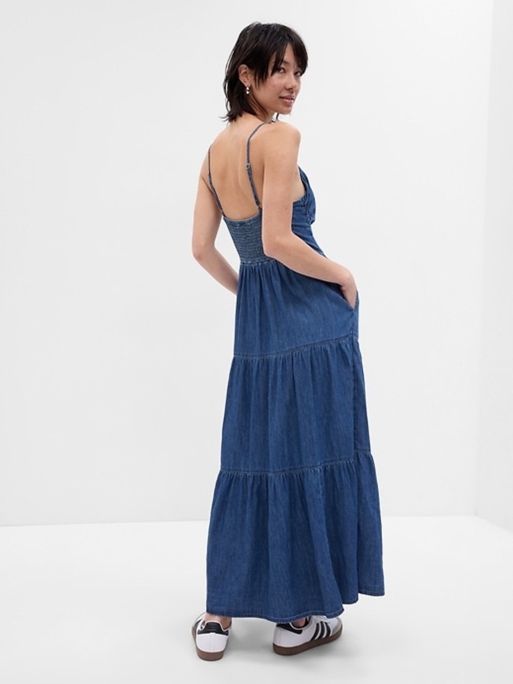 GAP Denim Blue Tiered Maxi Dress with Spaghetti Straps